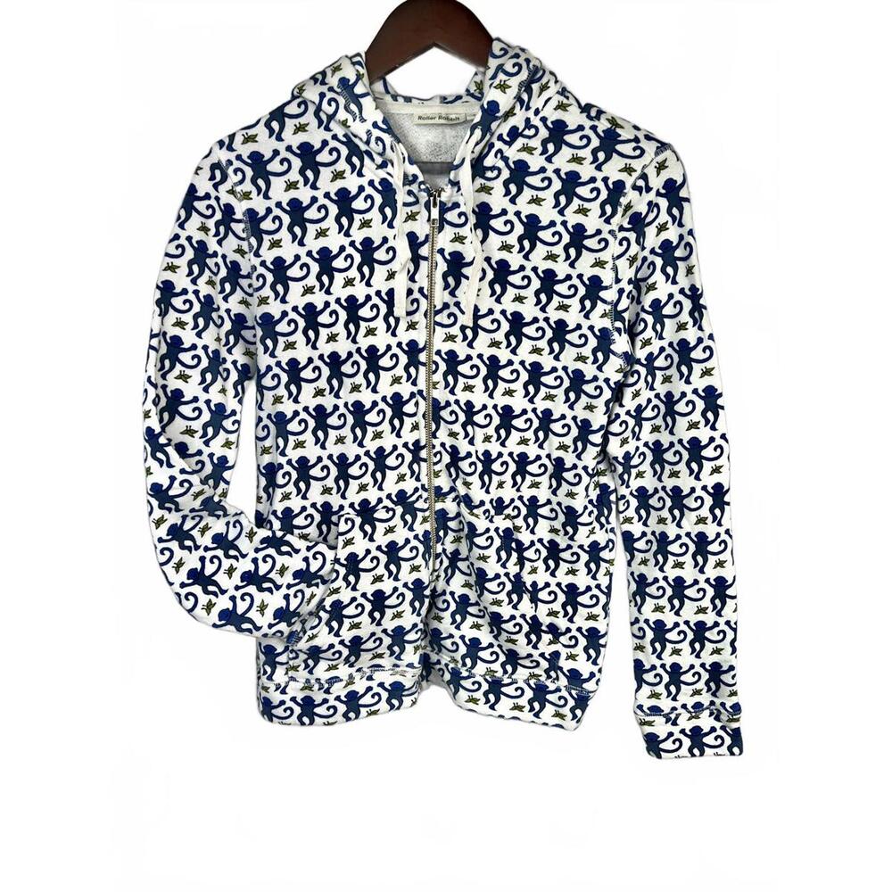 Roller Rabbit Men’s Size Small Blue Monkey Print Full-Zip Hoodie Sweatshirt NWOT